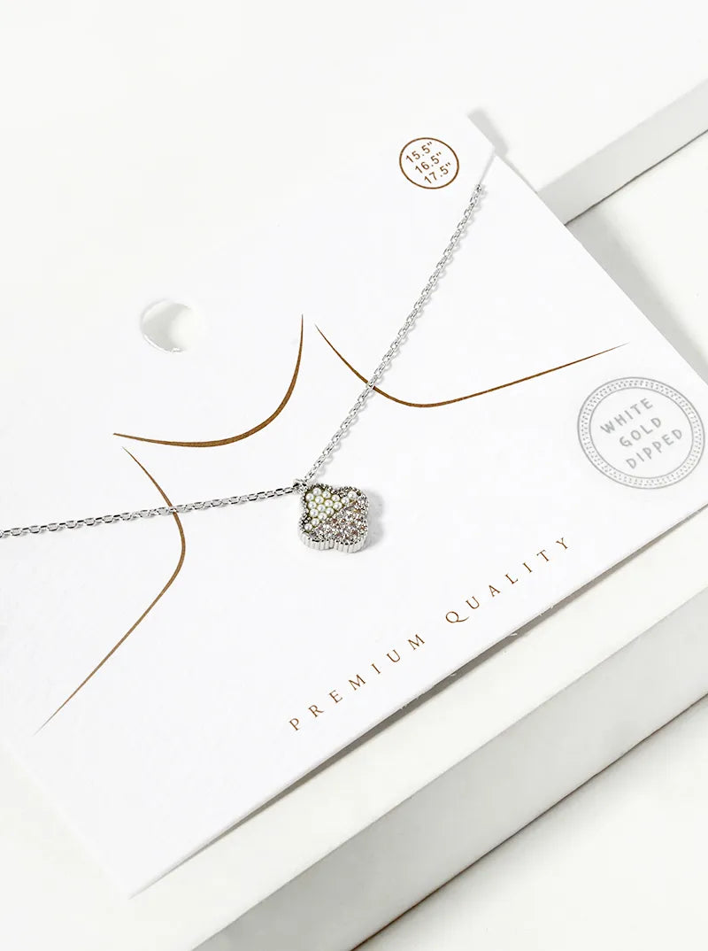 White Gold Dipped CZ And Pearl Beaded Quatrefoil Pendant Necklace