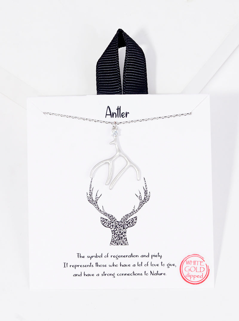 White Gold Dipped CZ Antler Pendant Necklace