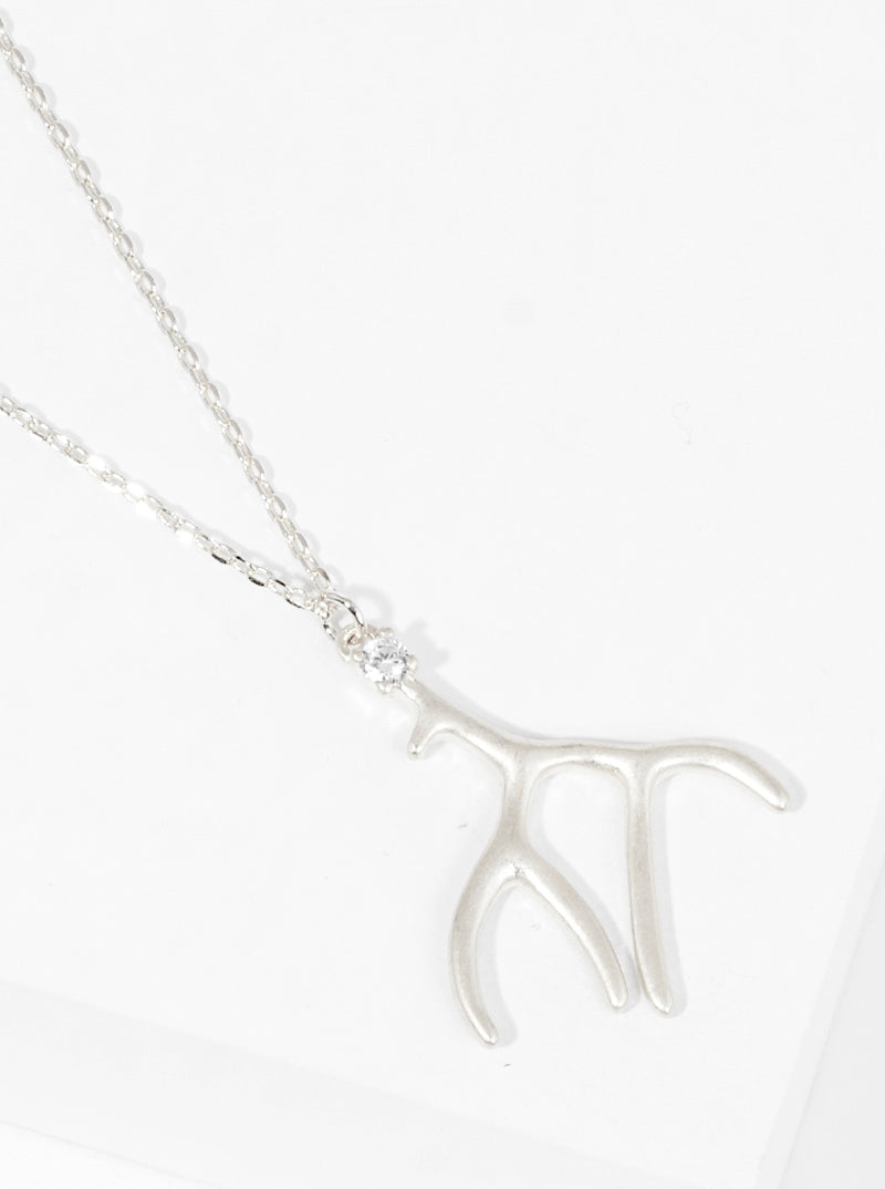 White Gold Dipped CZ Antler Pendant Necklace