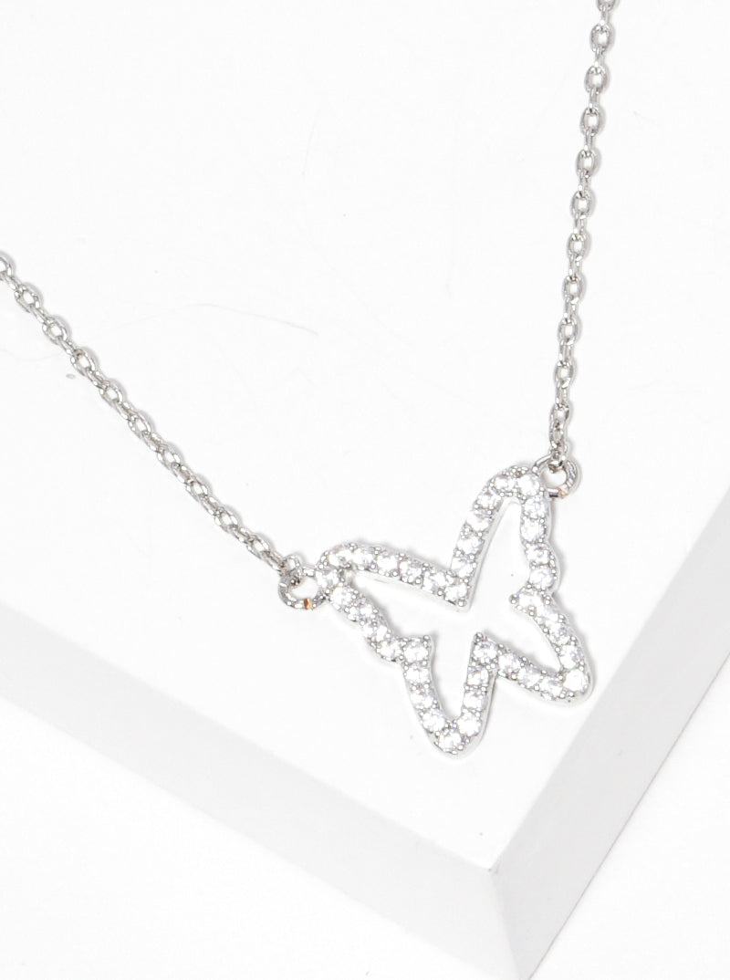 White Gold Dipped CZ Butterfly Pendant Necklace