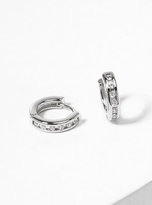 White Gold Dipped CZ Pave 10mm Huggie Hoop Earrings