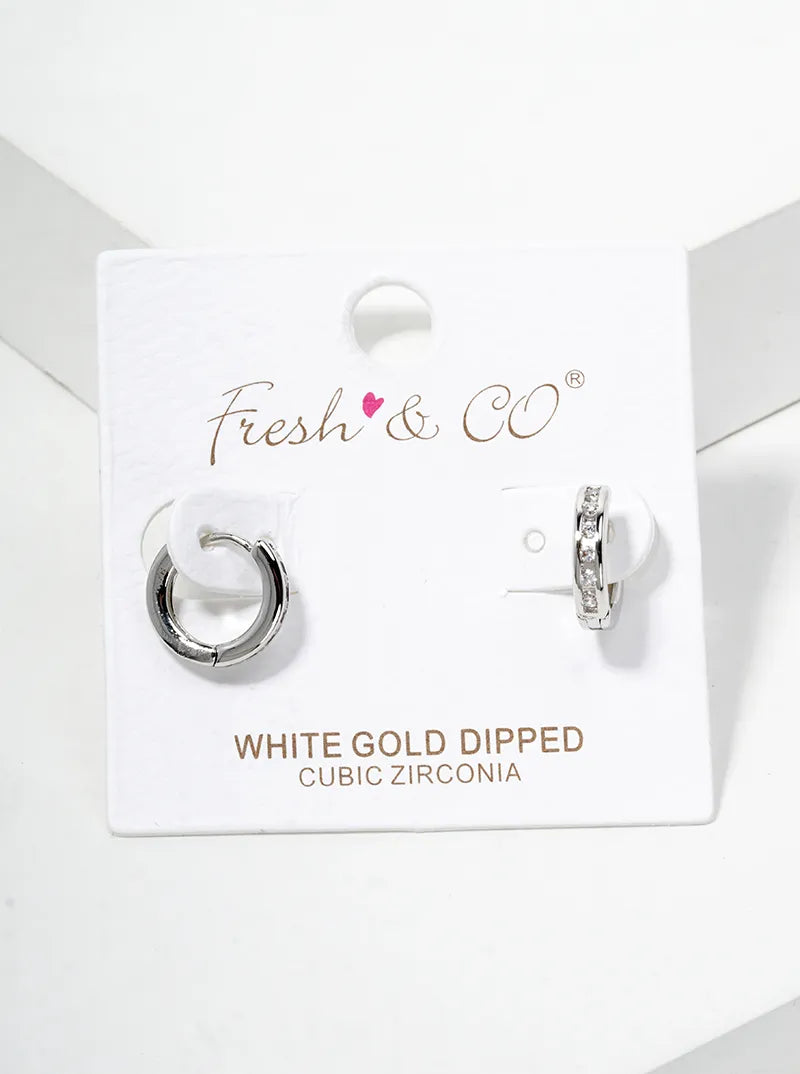 White Gold Dipped CZ Pave 10mm Huggie Hoop Earrings