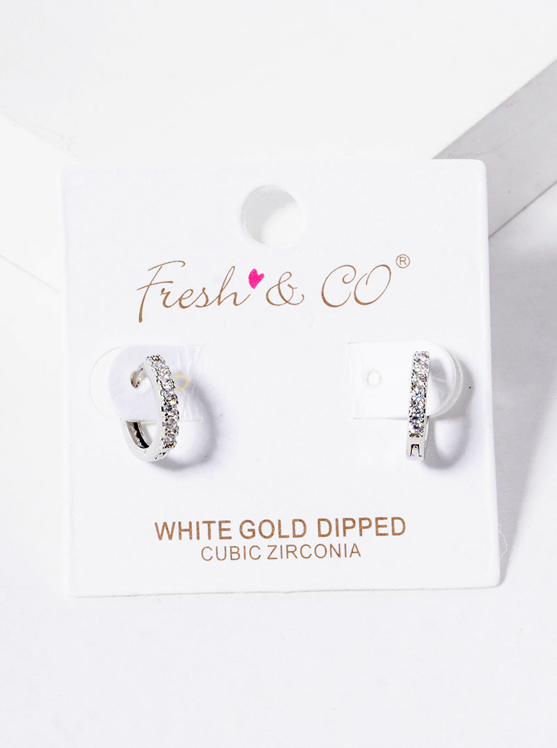 White Gold Dipped CZ Pave 10mm Huggie Hoop Earrings