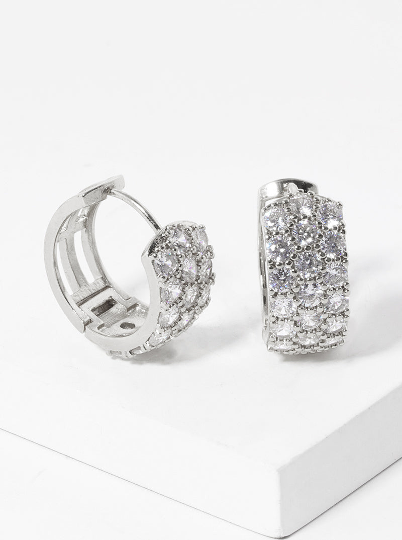 White Gold Dipped CZ Pave 15mm Huggie Hoop Earrings