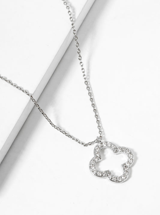 White Gold Dipped CZ Pave 15mm Quatrefoil Pendant Necklace