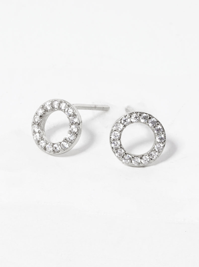 White Gold Dipped CZ Pave 7mm Circle Post Stud Earrings