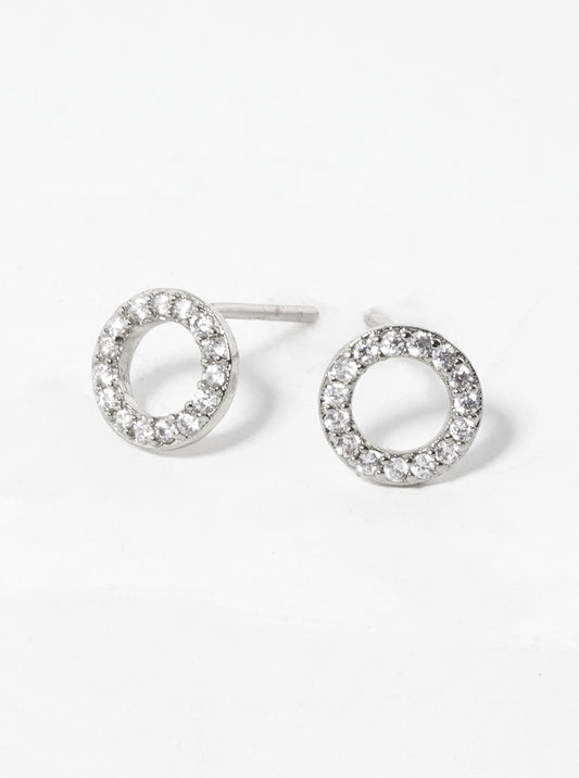White Gold Dipped CZ Pave 7mm Circle Post Stud Earrings