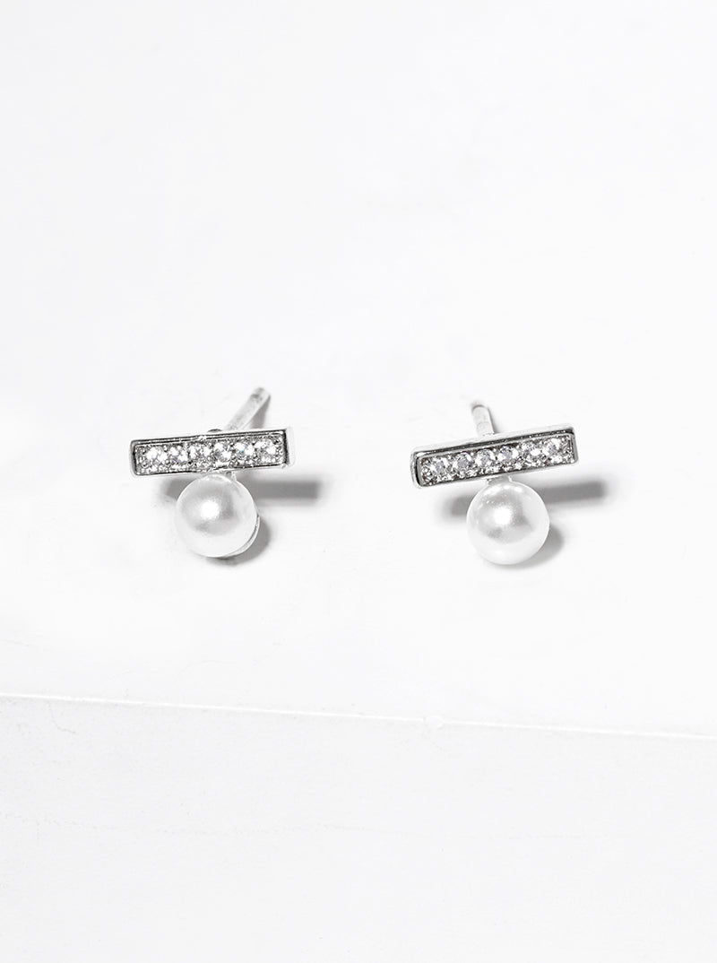 White Gold Dipped CZ Pave Bar With Pearl Post Stud Earrings