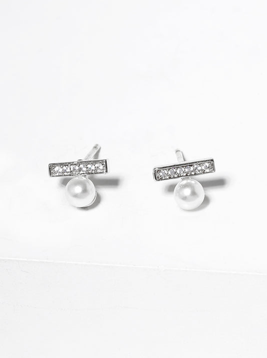 White Gold Dipped CZ Pave Bar With Pearl Post Stud Earrings