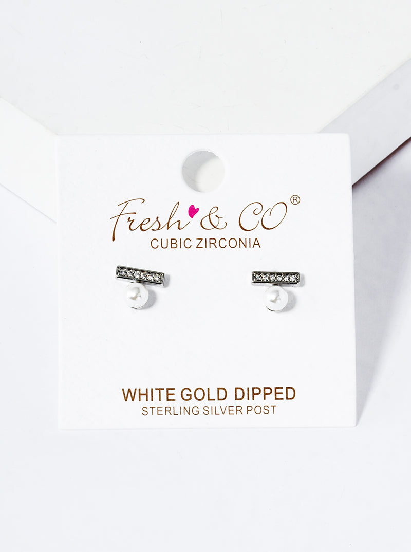 White Gold Dipped CZ Pave Bar With Pearl Post Stud Earrings