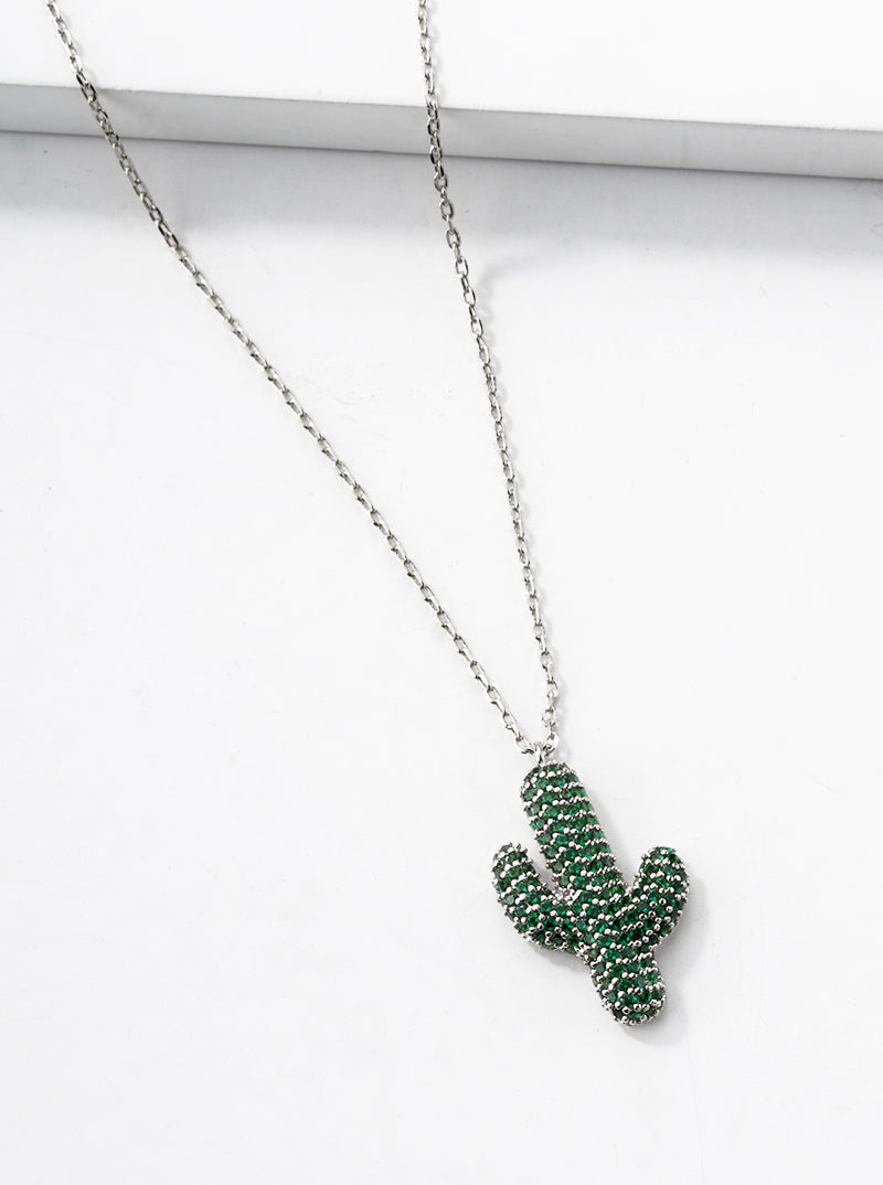 White Gold Dipped CZ Pave Cactus Pendant Necklace