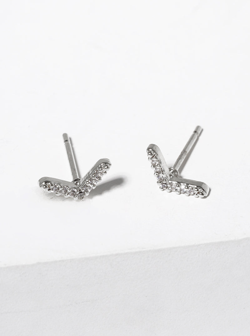 White Gold Dipped CZ Pave Chevron Post Stud Earrings