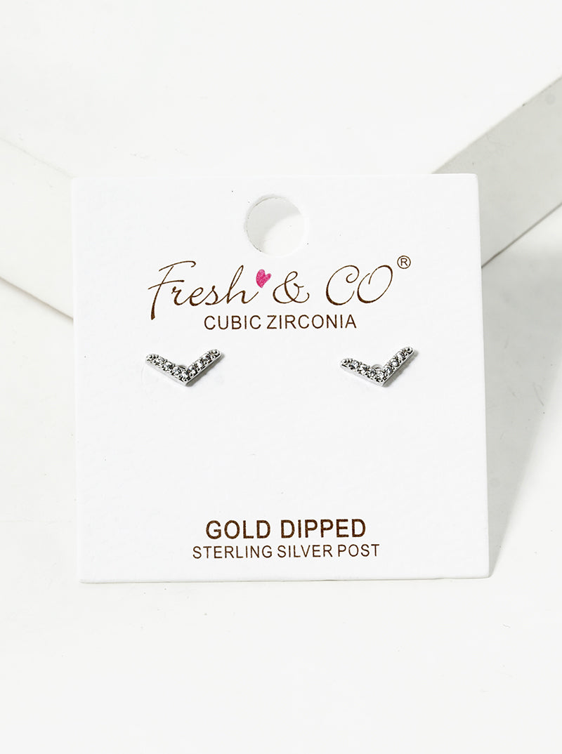 White Gold Dipped CZ Pave Chevron Post Stud Earrings