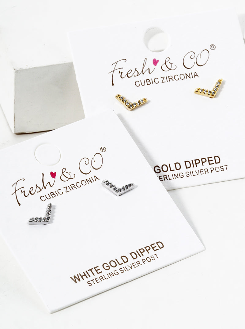 White Gold Dipped CZ Pave Chevron Post Stud Earrings