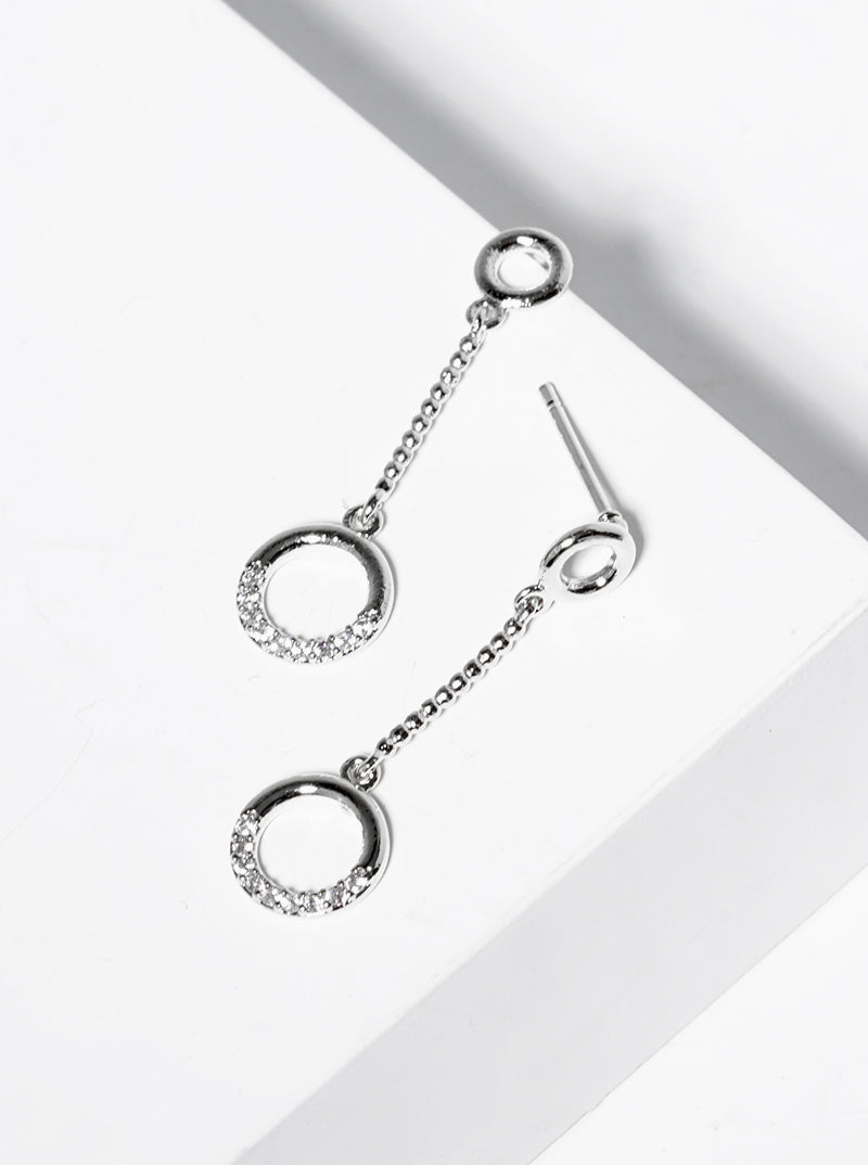 White Gold Dipped CZ Pave Circle Drop Post Earrings