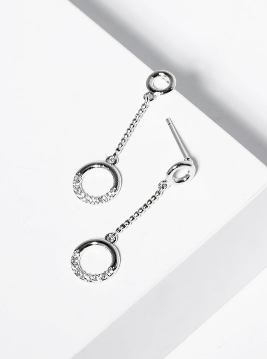 White Gold Dipped CZ Pave Circle Drop Post Earrings
