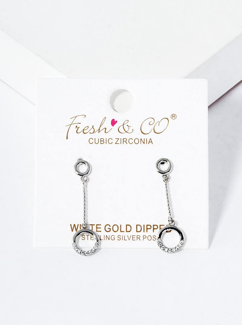 White Gold Dipped CZ Pave Circle Drop Post Earrings