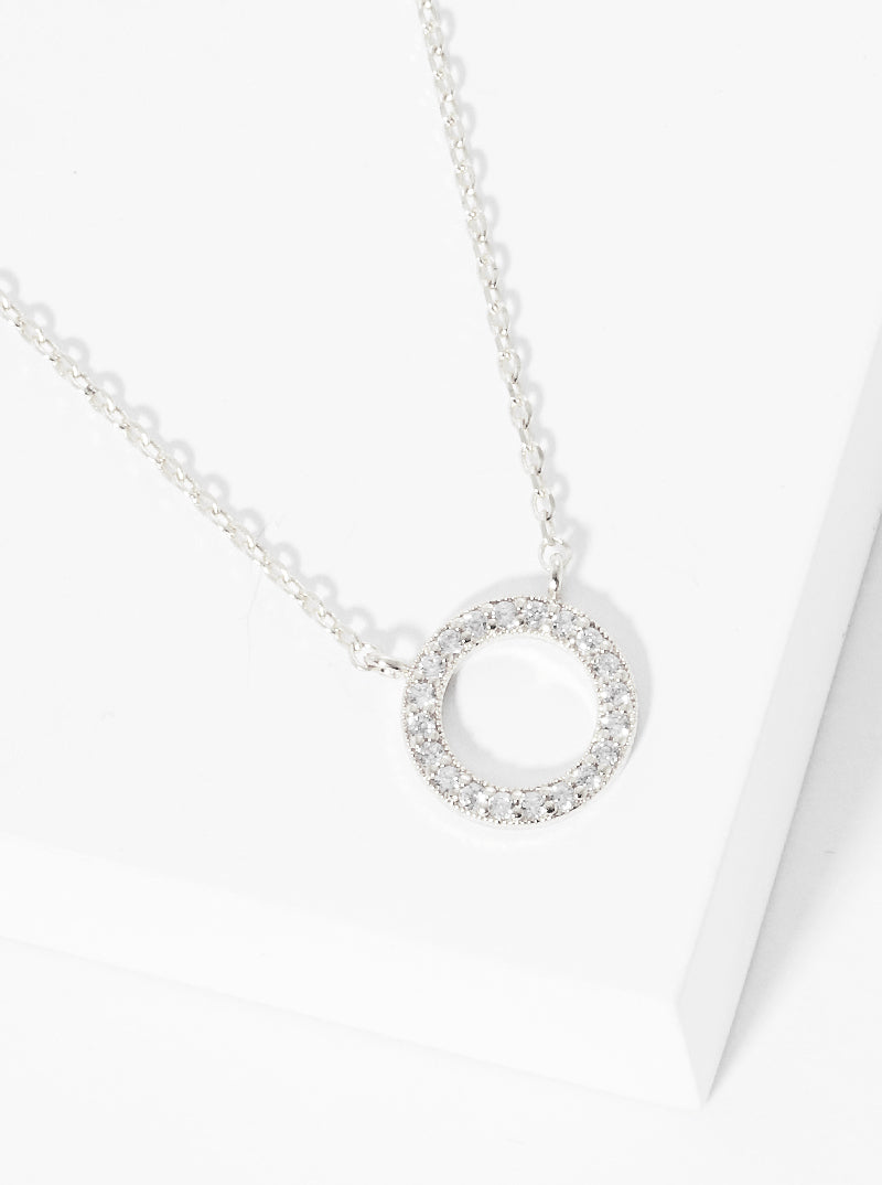 White Gold Dipped CZ Pave Circle Pendant Delicate Necklace