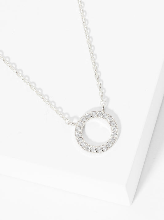 White Gold Dipped CZ Pave Circle Pendant Delicate Necklace