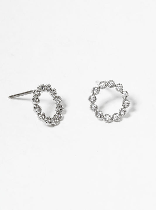 White Gold Dipped CZ Pave Circle Post Stud Earrings