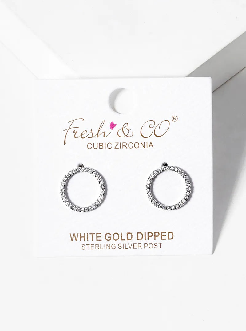 White Gold Dipped CZ Pave Circle Post Stud Earrings