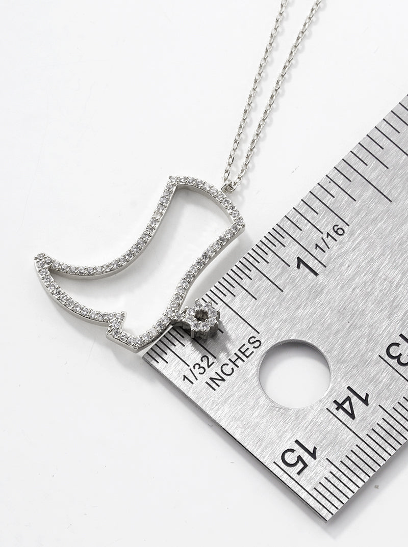White Gold Dipped CZ Pave Cowgirl Boot Pendant Necklace