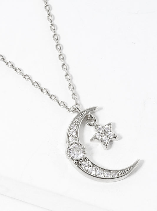 White Gold Dipped CZ Pave Crescent Moon And Star Pendant Delicate Necklace