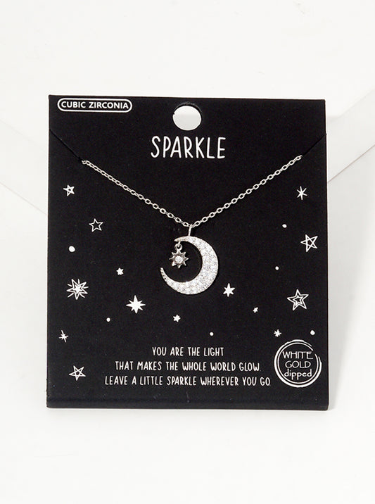 White Gold Dipped CZ Pave Crescent Moon And Star Pendant Necklace