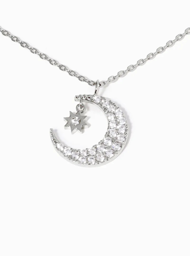 White Gold Dipped CZ Pave Crescent Moon And Star Pendant Necklace