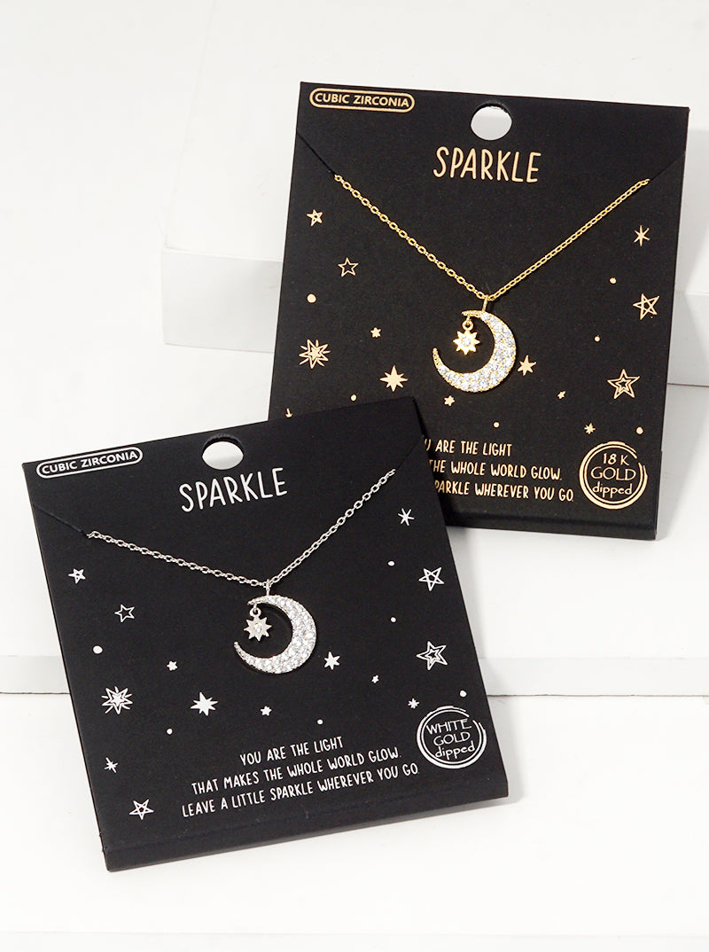 White Gold Dipped CZ Pave Crescent Moon And Star Pendant Necklace