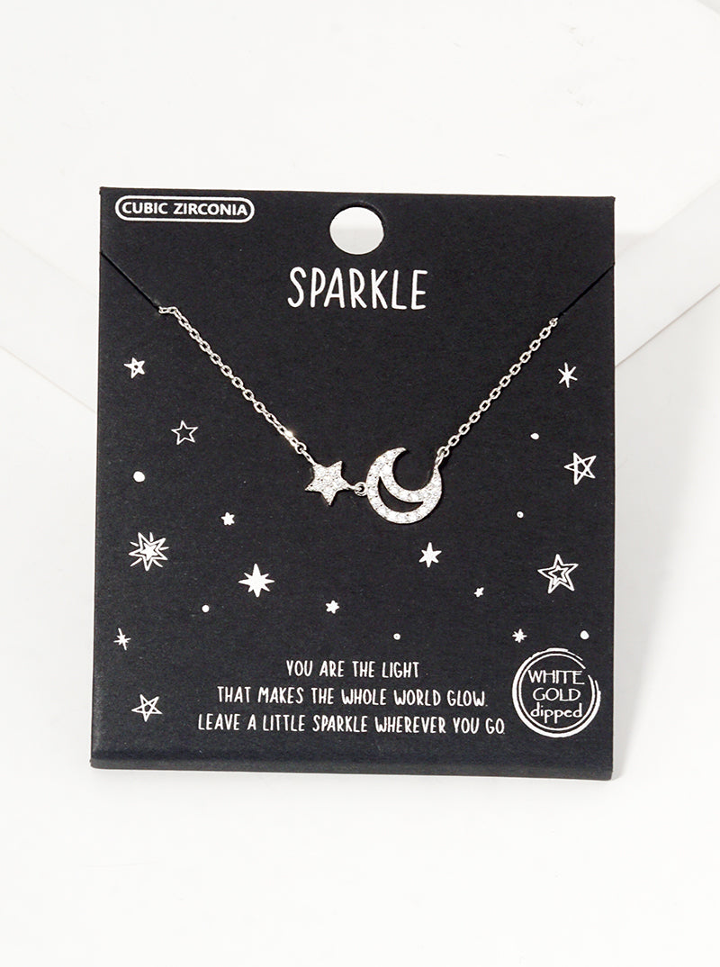 18k Gold Dipped CZ Pave Crescent Moon And Star Pendant Necklace Rhodium