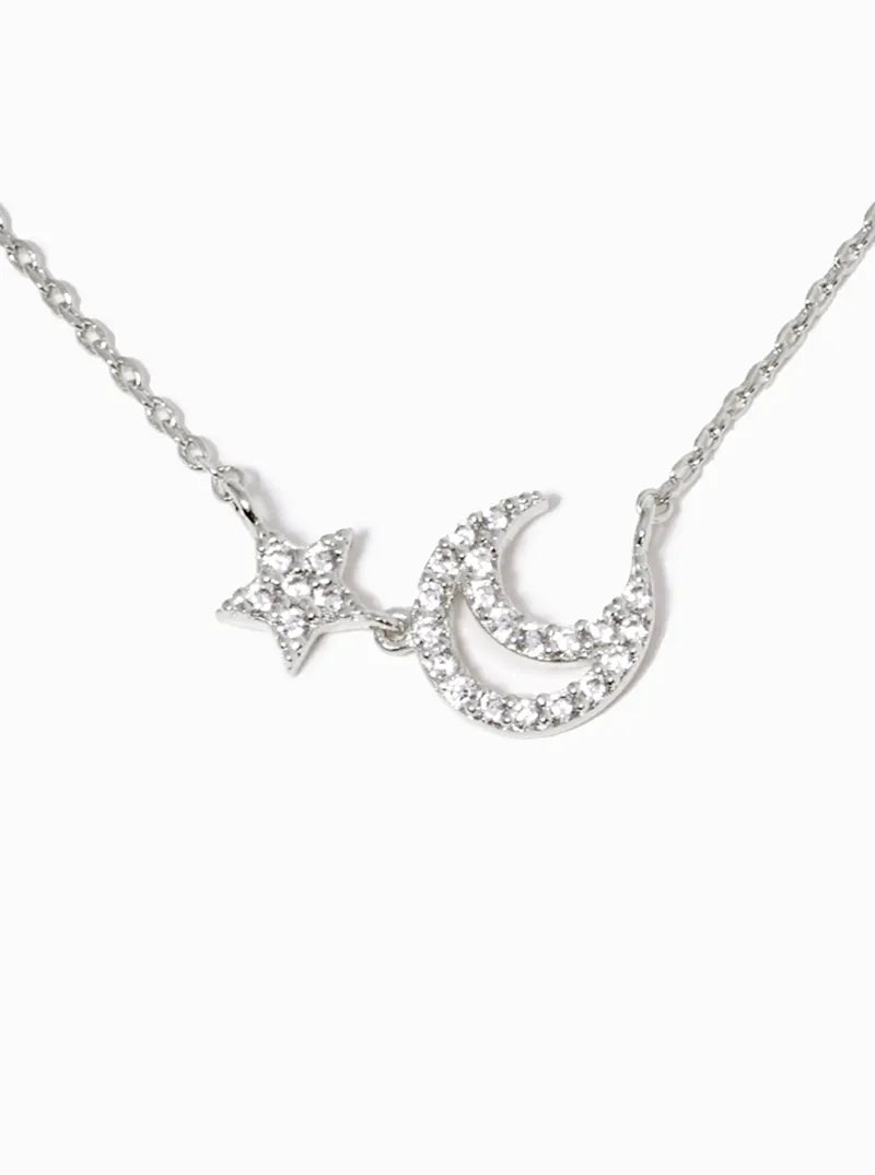 18k Gold Dipped CZ Pave Crescent Moon And Star Pendant Necklace Rhodium