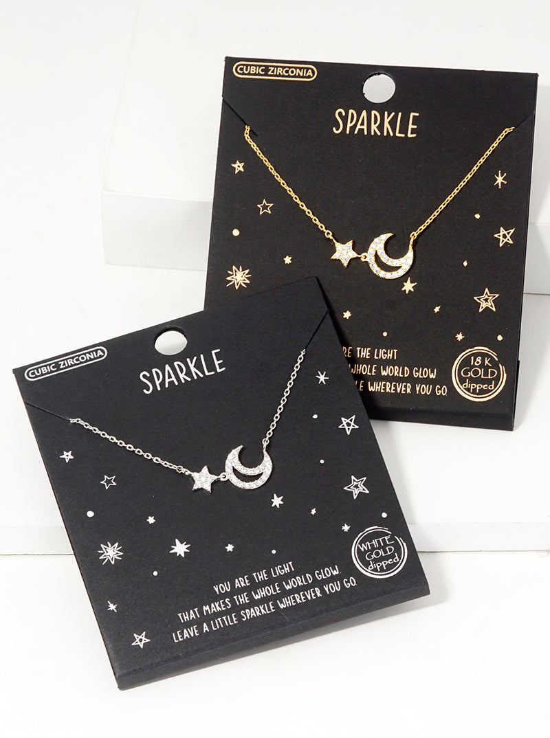 18k Gold Dipped CZ Pave Crescent Moon And Star Pendant Necklace Rhodium