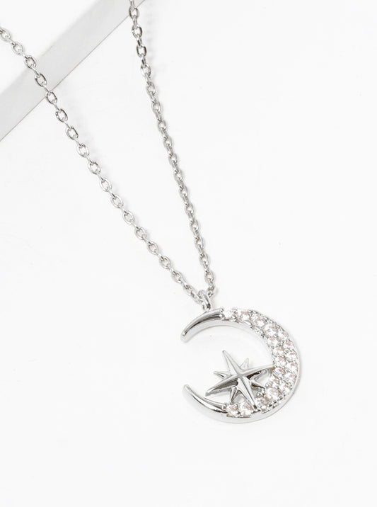 White Gold Dipped CZ Pave Crescent Moon Pendant Necklace