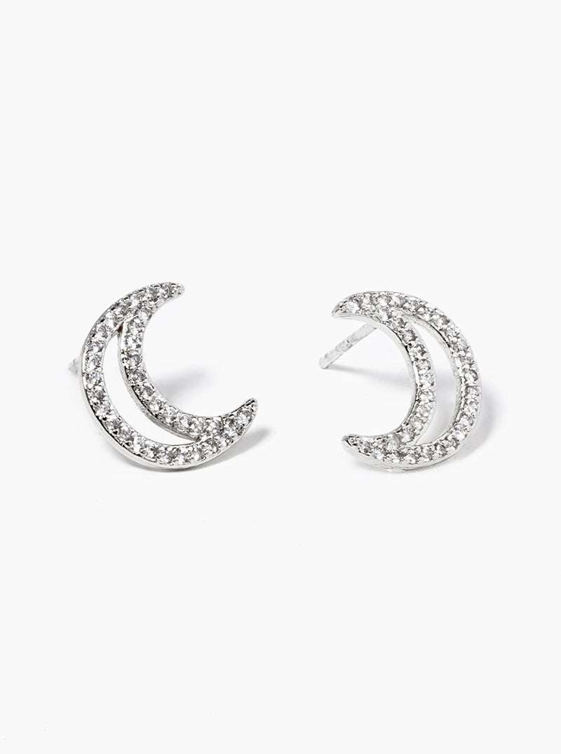 White Gold Dipped CZ Pave Crescent Moon Post Stud Earrings
