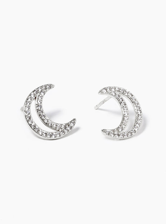 White Gold Dipped CZ Pave Crescent Moon Post Stud Earrings