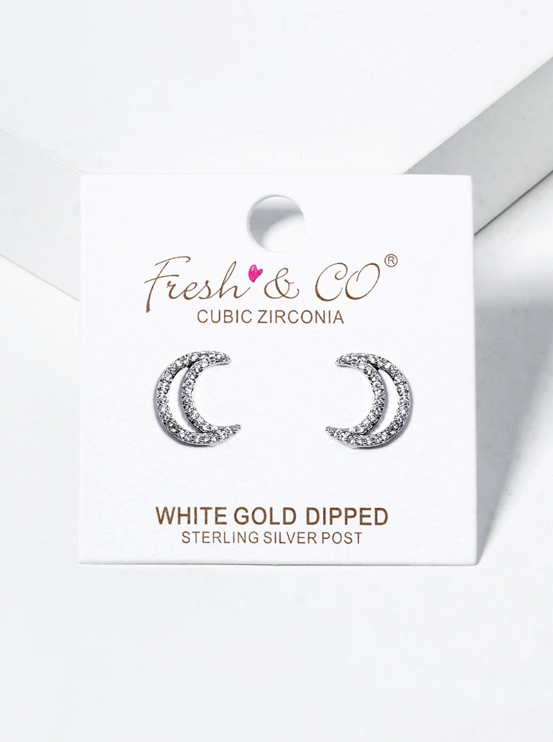 White Gold Dipped CZ Pave Crescent Moon Post Stud Earrings