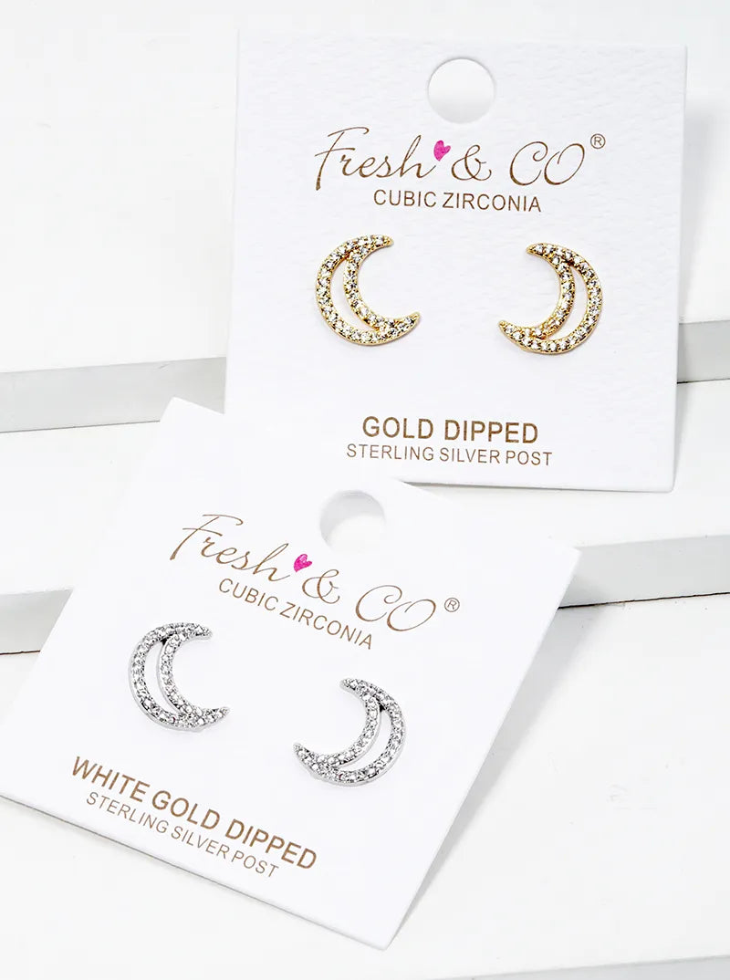White Gold Dipped CZ Pave Crescent Moon Post Stud Earrings