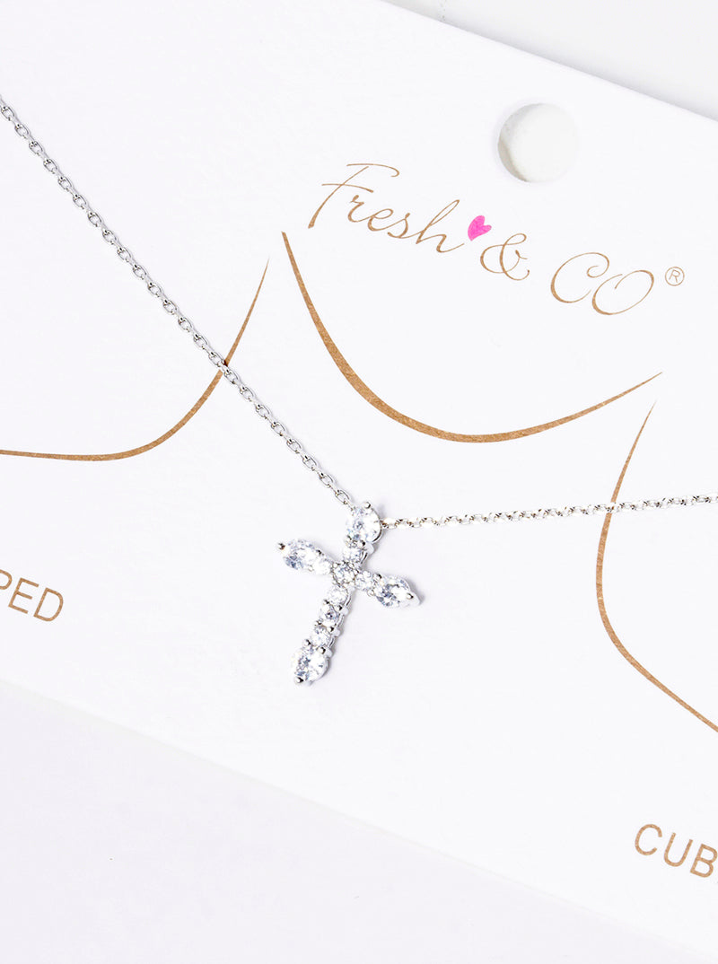 White Gold Dipped CZ Pave Cross Pendant Delicate Necklace