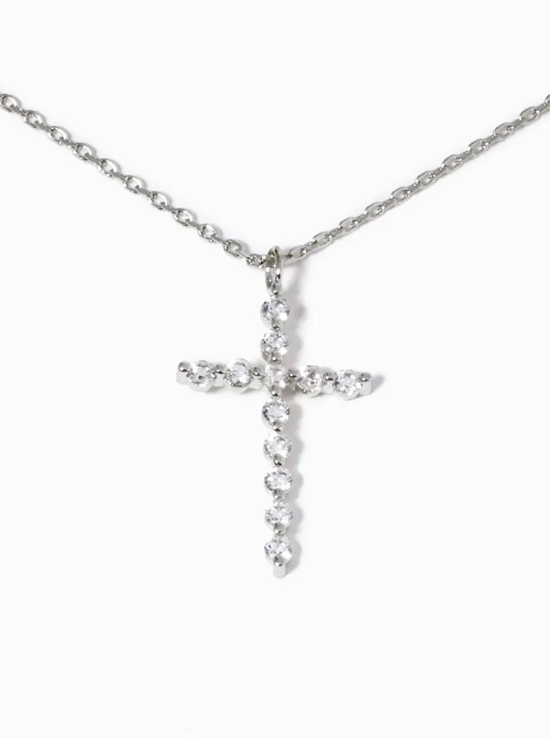 White Gold Dipped CZ Pave Cross Pendant Necklace