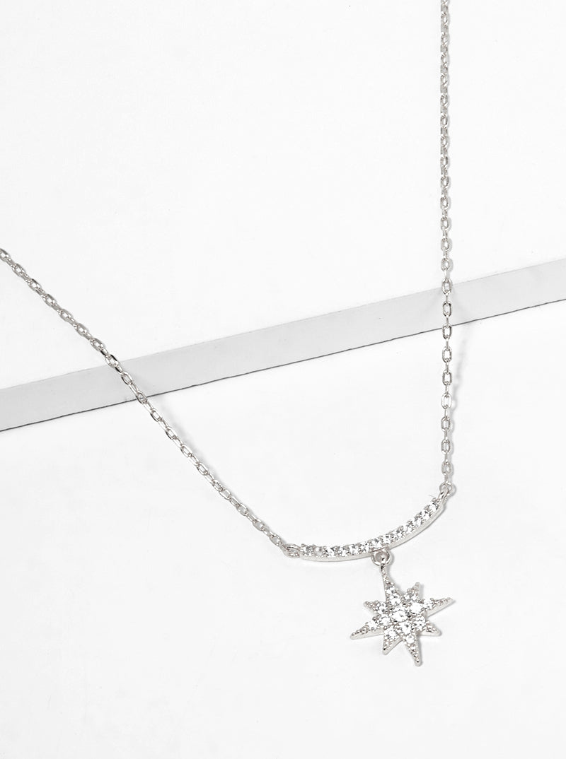 White Gold Dipped CZ Pave Curved Bar And Starburst Pendant Delicate Necklace