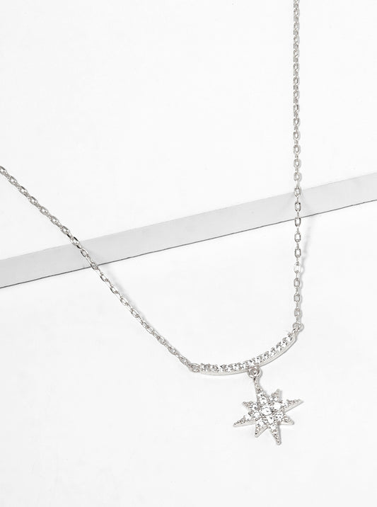 White Gold Dipped CZ Pave Curved Bar And Starburst Pendant Delicate Necklace