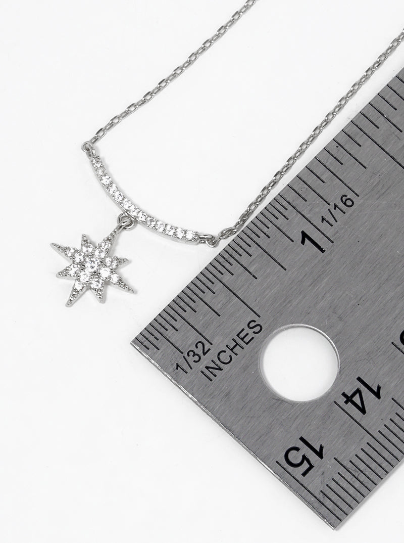 White Gold Dipped CZ Pave Curved Bar And Starburst Pendant Delicate Necklace