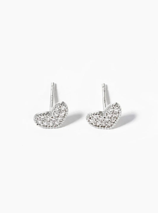 White Gold Dipped CZ Pave Dainty Heart Post Stud Earrings