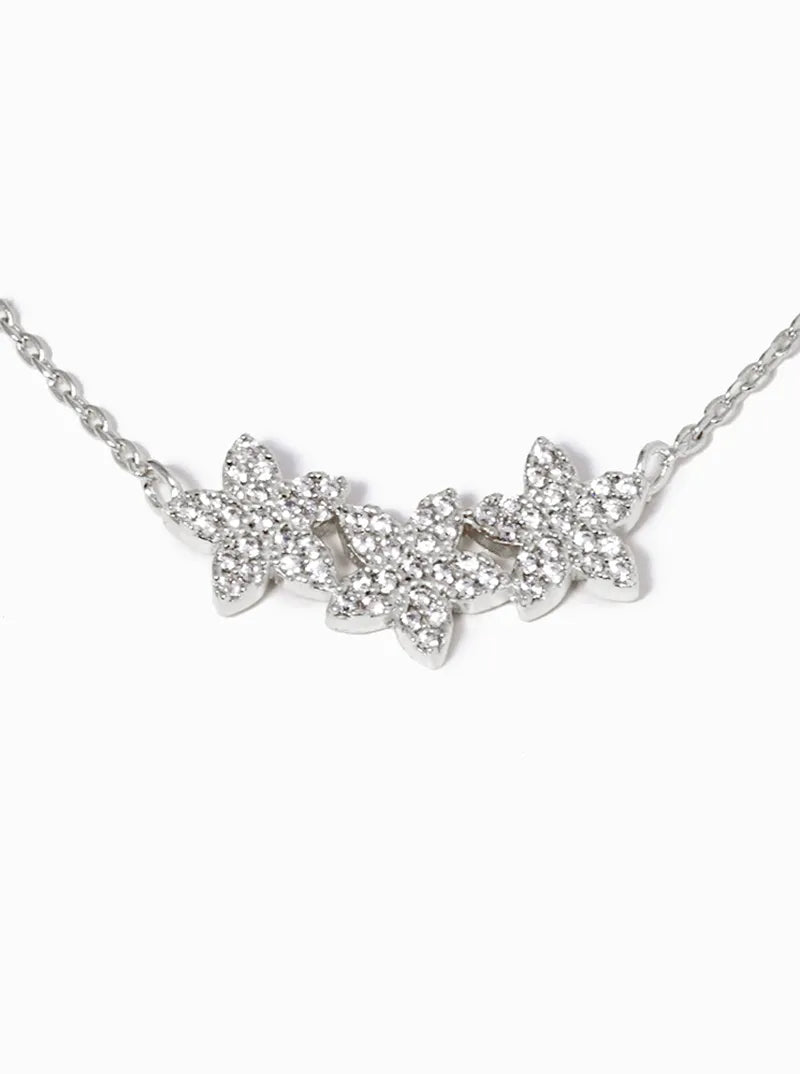 White Gold Dipped CZ Pave Dainty Three Flower Pendant Necklace