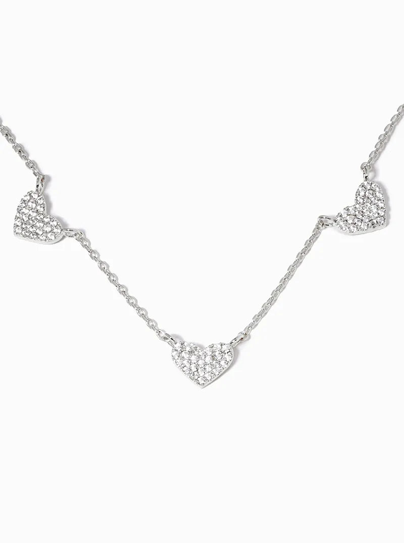 White Gold Dipped CZ Pave Dainty Three Hearts Pendant Necklace