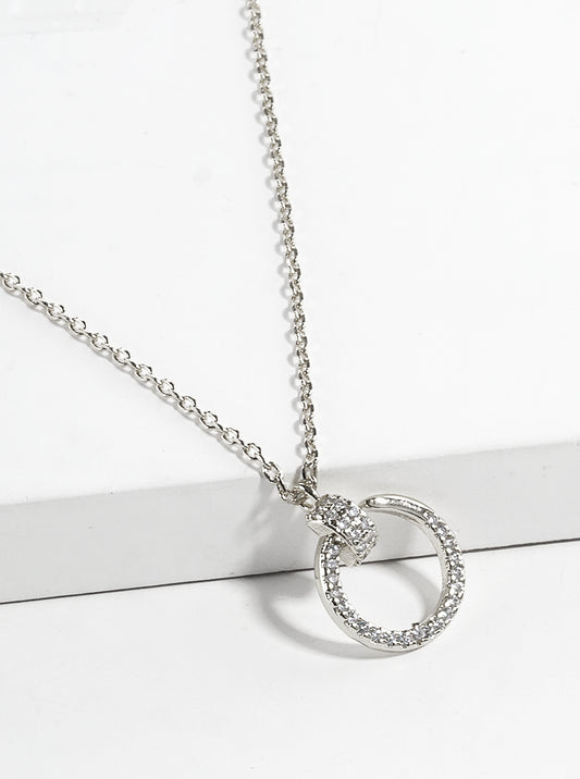 White Gold Dipped CZ Pave Delicate Door Knocker Pendant Necklace