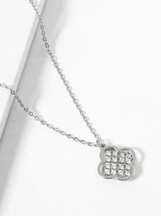 White Gold Dipped CZ Pave Double Quatrefoil Pendant Necklace