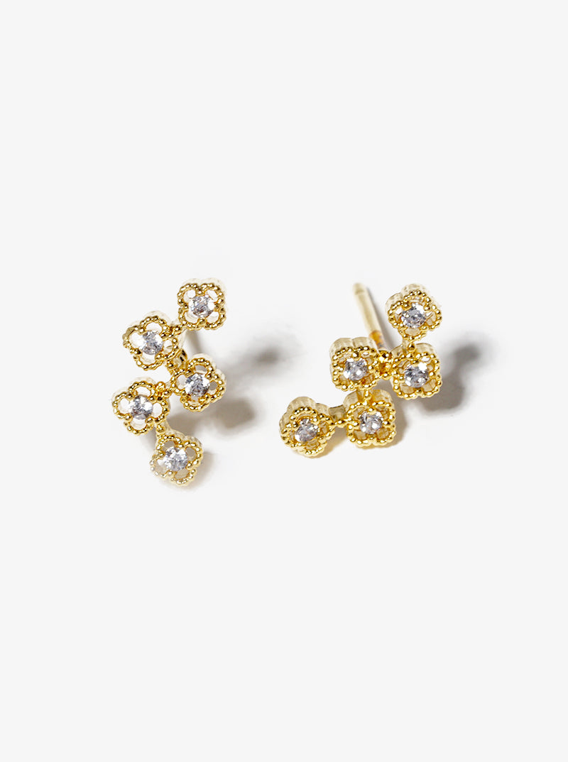 White Gold Dipped CZ Pave Five Flower Post Stud Earrings