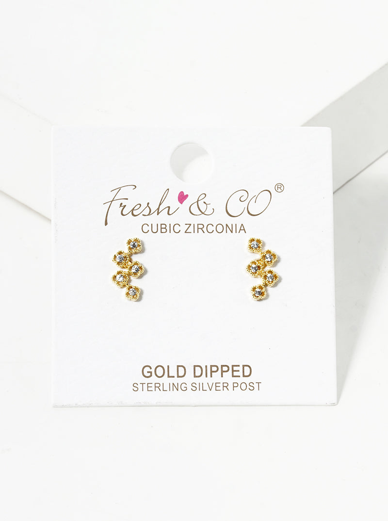 White Gold Dipped CZ Pave Five Flower Post Stud Earrings